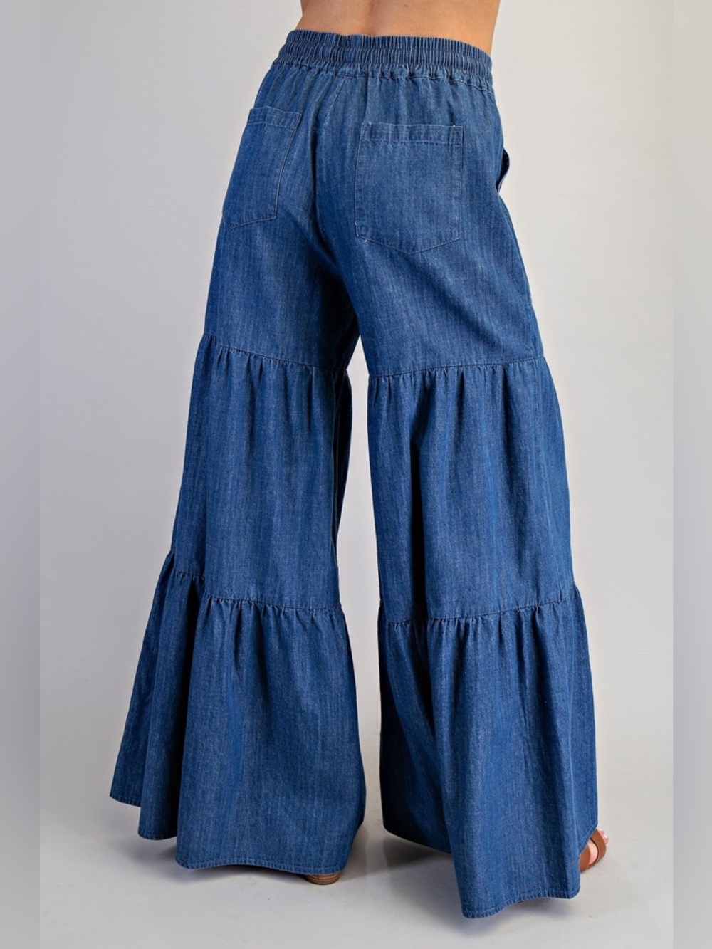 Tiered Ultra Wide Leg Mineral Washed Denim Palazzo Pants - eesome - Picture 5 of 10